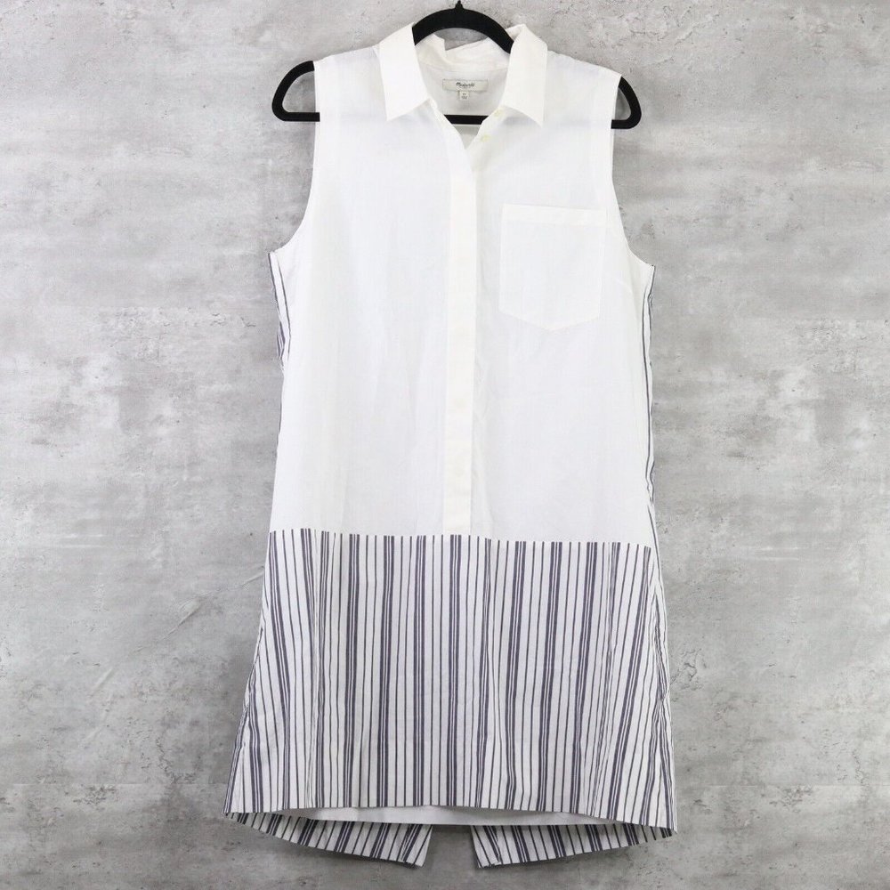 Madewell Nautical Shirt Dress Size 12 White Blue Striped Tulip Back Button Front